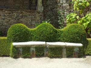 Стриженные кусты и камень.